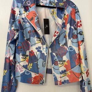 Joseph Ribkoff Blue and Red Leather Jacket with Geometric Design